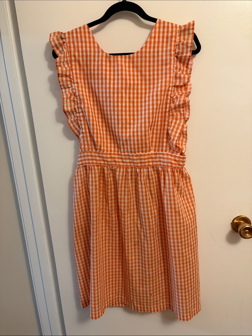 Women’s orange gingham ruffle pinafore apron